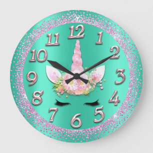 Unicorn Mint Guld Numbers Girly Glitter Spark Rosa Stor Klocka