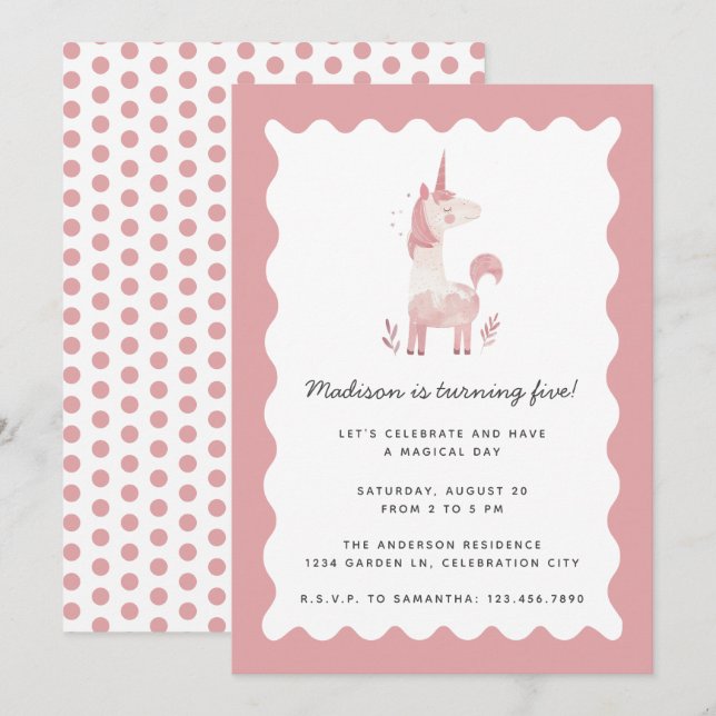Unicorn Modern Magic Rosa Vågigt Ram födelsedagen Inbjudningar (Fram/baksida)