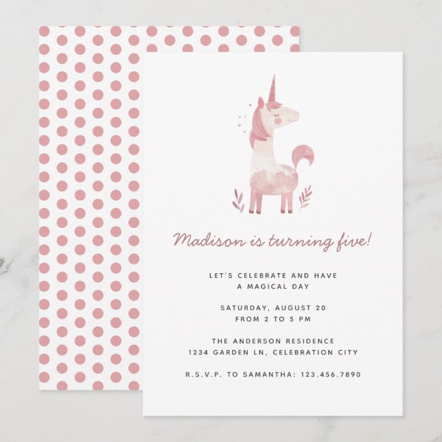 Unicorn Modern Rosa Polka dots Barns födelsedag Pa Inbjudningar (Fram/baksida)