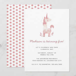 Unicorn Modern Rosa Polka dots Barns födelsedag Pa Inbjudningar