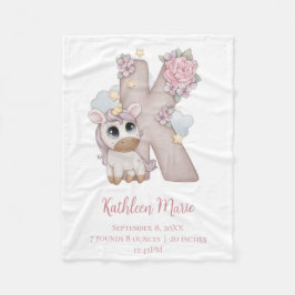 Unicorn Monogram Brev K Rosa Flicka Gift Fleecefilt