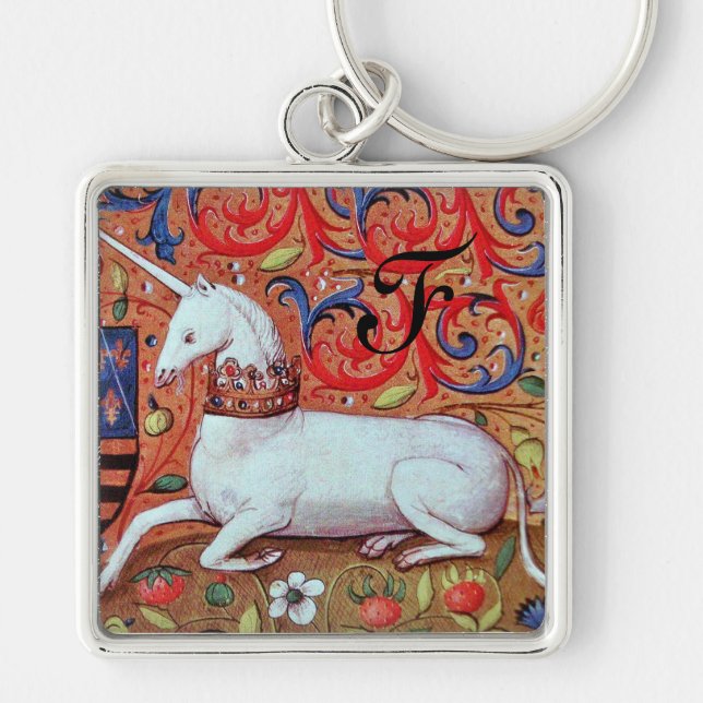 UNICORN MONOGRAM FYRKANTIG SILVERFÄRGAD NYCKELRING (Framsidan)