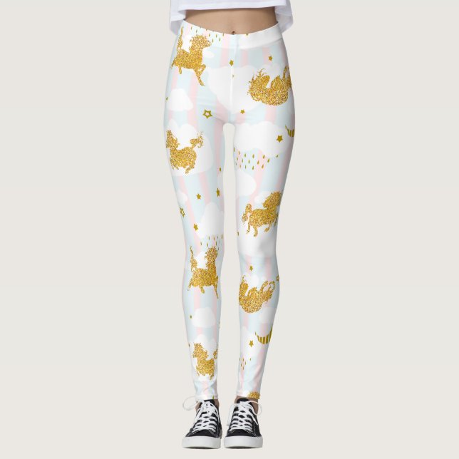 Unicorn Mönster Girly Yoga Running guld Glitter Leggings (Framsida)