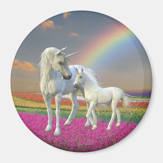 Unicorn Mor och Baby Foal Rainbow Fantasy Magnet (Framsidan)
