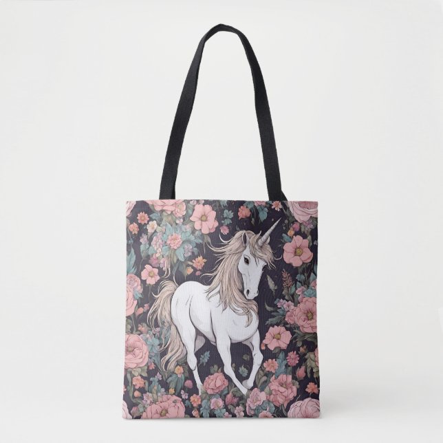 Unicorn Mythical Animal Flowers Tote Tygkasse (Framsida)