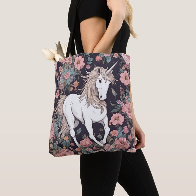 Unicorn Mythical Animal Flowers Tote Tygkasse (Närbild)