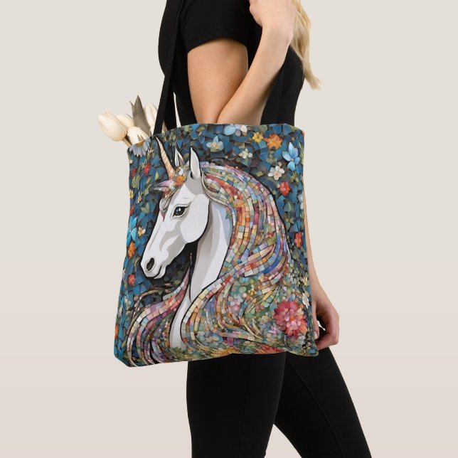 Unicorn Mythical CreatAnimal Blommigt Tote Tygkasse (Närbild)