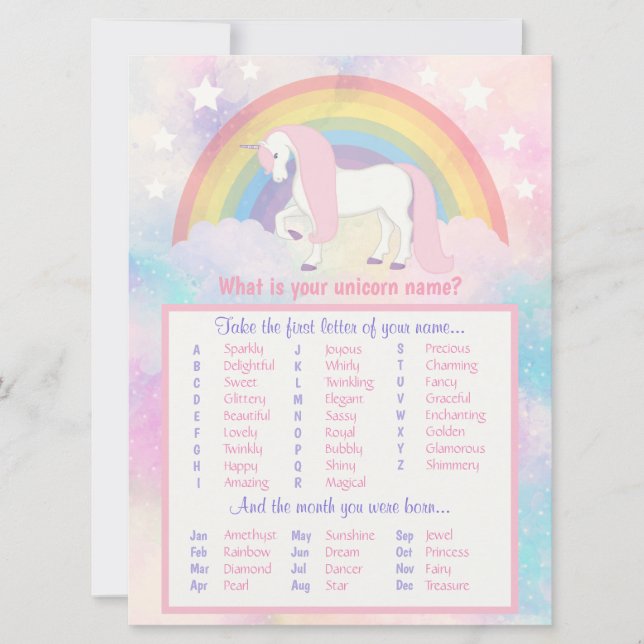 Unicorn Namn Game Birthday & Baby Shower (Framsida)