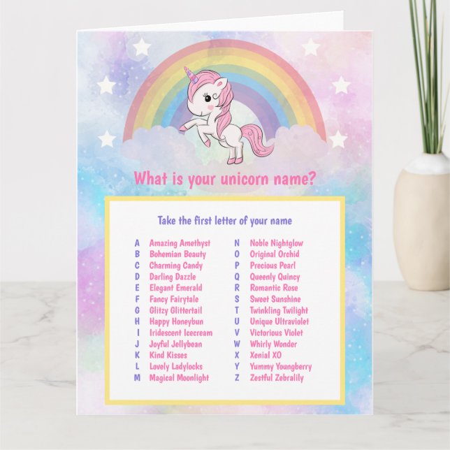 Unicorn Namn Game Birthday Kort (Framsida)