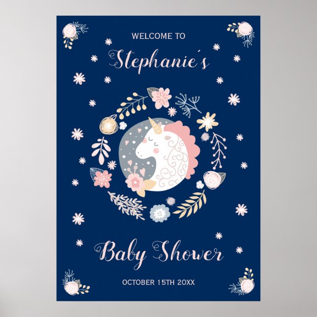 Unicorn  & Navy Baby Shower Personlig Poster (Framsidan)