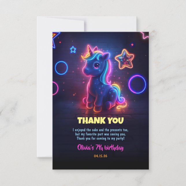 Unicorn Neon Födelsedagsfest Tack (Framsida)