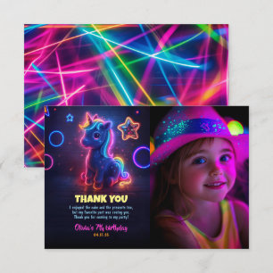 Unicorn Neon Födelsedagsfest Tack Photo Kort