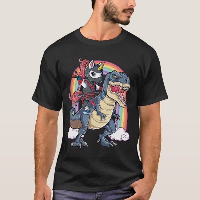 Unicorn Ninja Riding Dinosaur T Shirt (Framsida)