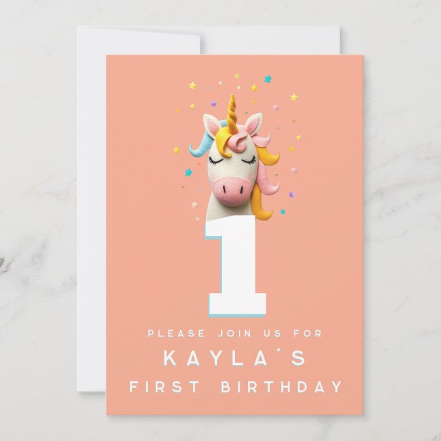 Unicorn Number Födelsedagsfest Wool Felted Inbjudningar (Framsida)