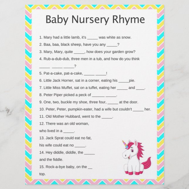 Unicorn Nursery Rhyme Baby Shower Game (Framsida)
