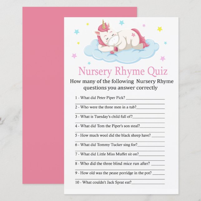 Unicorn Nursery Rhyme Quiz babyduschspel (Fram/baksida)