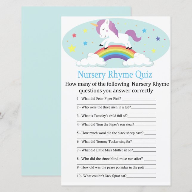 Unicorn Nursery Rhyme Quiz babyduschspel (Fram/baksida)