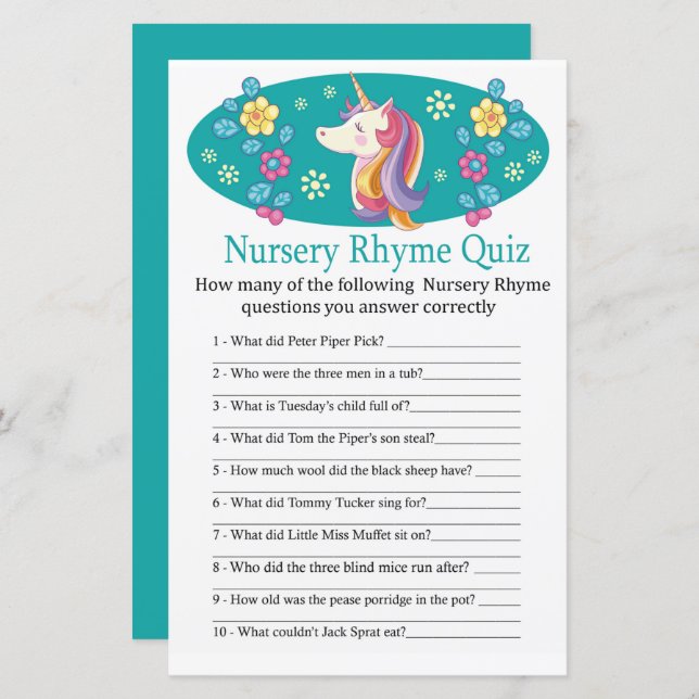 Unicorn Nursery Rhyme Quiz babyduschspel (Fram/baksida)