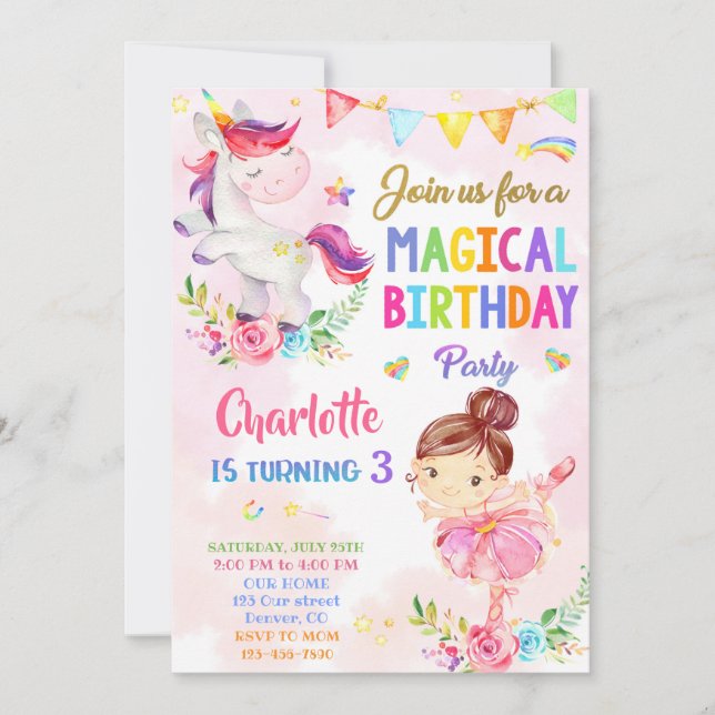 Unicorn och Ballerina födelsedagsinbjudan till fli Inbjudningar (Framsida)