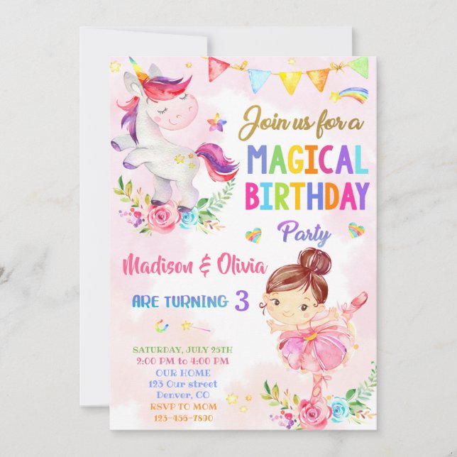 Unicorn och Ballerina födelsedagsinbjudan till fli Inbjudningar (Framsida)