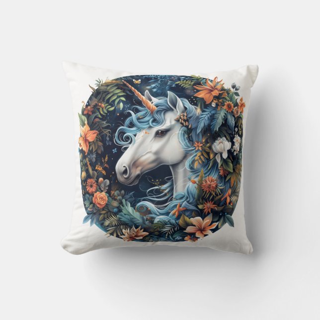 Unicorn- och blomsterfantasi-design kudde (Framsida)