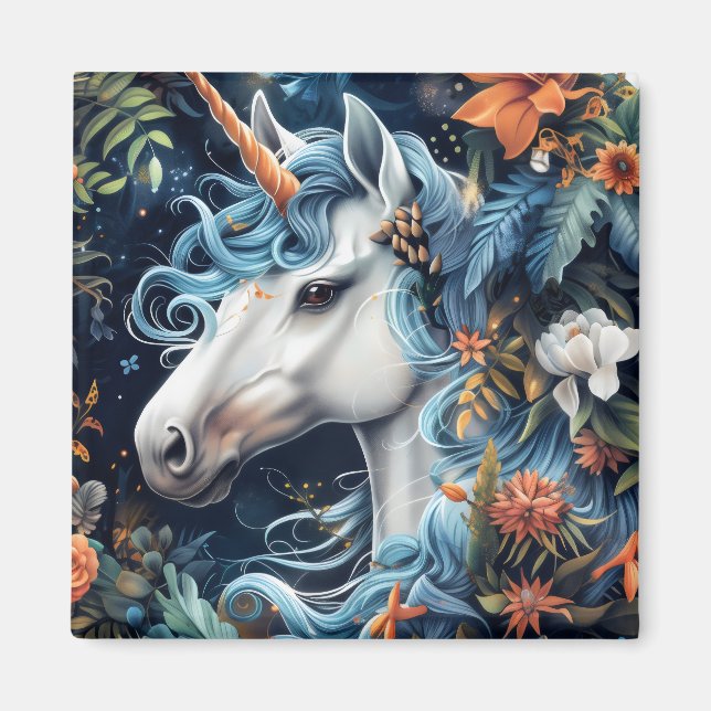 Unicorn- och blomsterfantasi-design magnet (Framsidan)