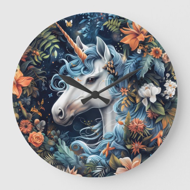 Unicorn- och blomsterfantasi-design stor klocka (Framsida)