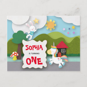Unicorn och Bunny First Birthday bjudande Vykort