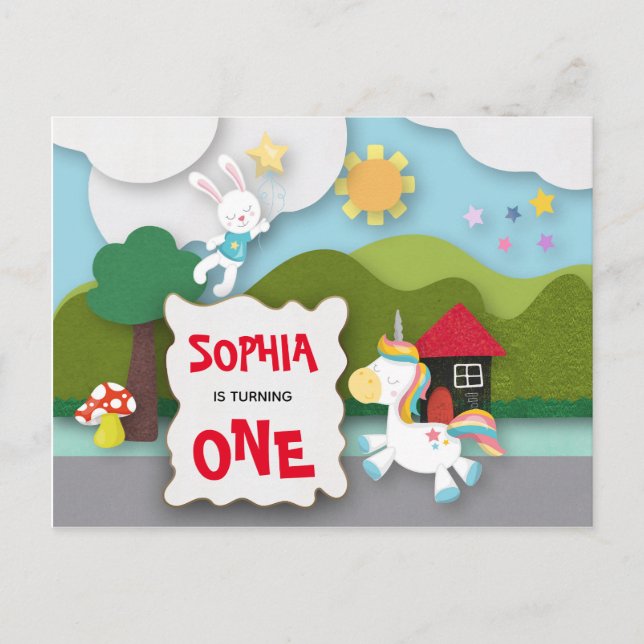 Unicorn och Bunny First Birthday bjudande Vykort (Framsida)