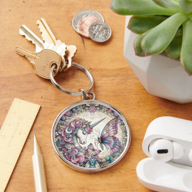 Unicorn och Butterfly Rund Silverfärgad Nyckelring (Skrivbord)