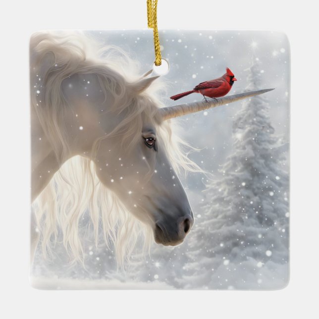 Unicorn och Cardinal Fantasy Vackra jul Julgransprydnad Keramik (Framsida)