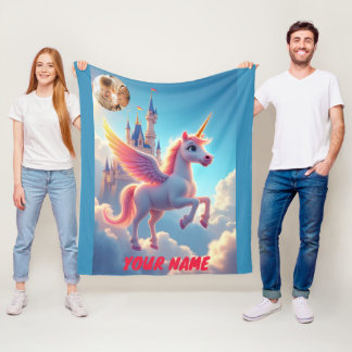 Unicorn och castle i rosa personlig och foto fleecefilt