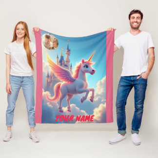 Unicorn och castle i rosa personlig och foto fleecefilt