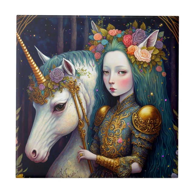 Unicorn och Dam Fantasy Art Kakelplatta (Framsidan)