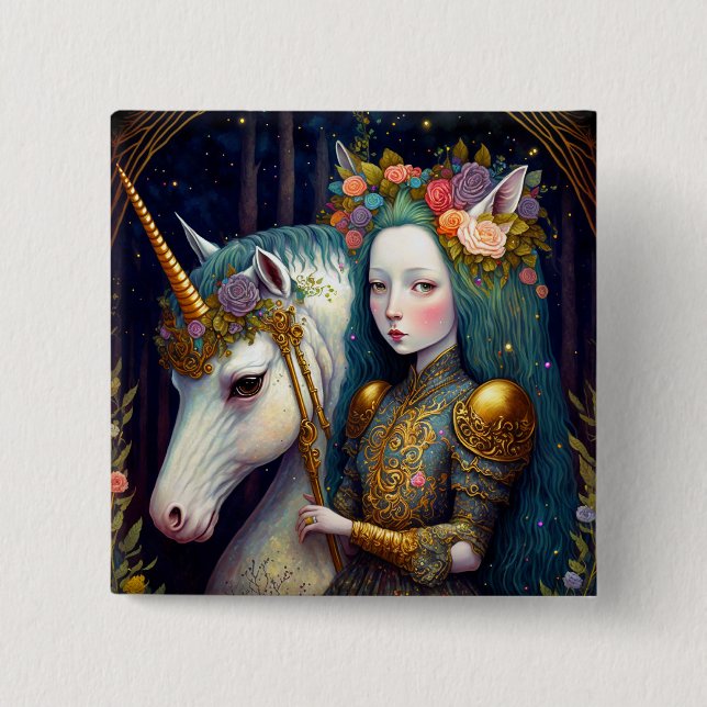 Unicorn och Dam Fantasy Art Knapp (Framsida)