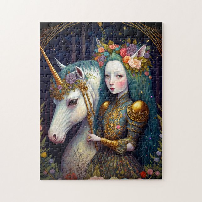 Unicorn och Dam Fantasy Art Pussel (Vertikal)