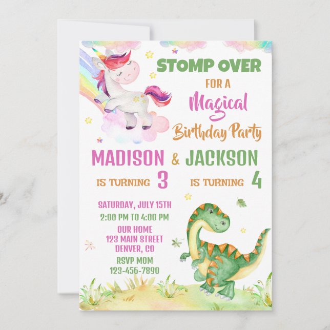 Unicorn och Dinosaur-födelsedagsinbjudan för två Inbjudningar (Framsida)