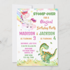 Unicorn och Dinosaur-födelsedagsinbjudan för två Inbjudningar