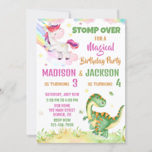 Unicorn och Dinosaur-födelsedagsinbjudan för två Inbjudningar