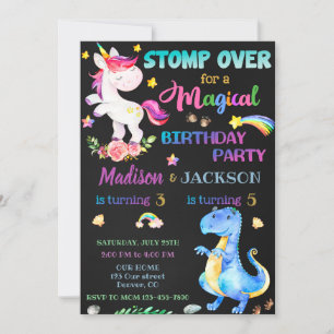 Unicorn och Dinosaur-födelsedagsinbjudan för twill Inbjudningar