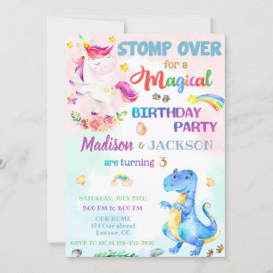 Unicorn och Dinosaur-födelsedagsinbjudan för twill Inbjudningar