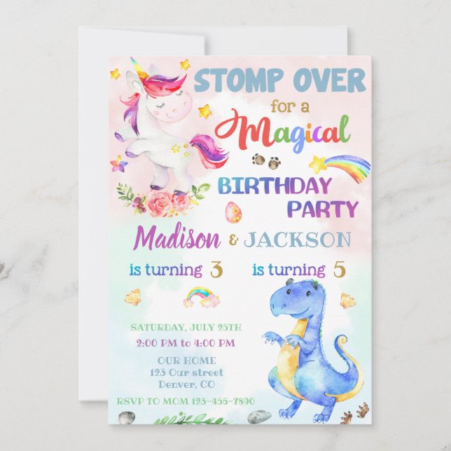 Unicorn och Dinosaur-födelsedagsinbjudan för twill Inbjudningar (Framsida)