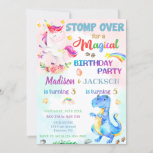 Unicorn och Dinosaur-födelsedagsinbjudan för twill Inbjudningar