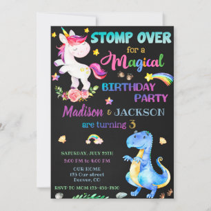 Unicorn och Dinosaur-födelsedagsinbjudan för twill Inbjudningar