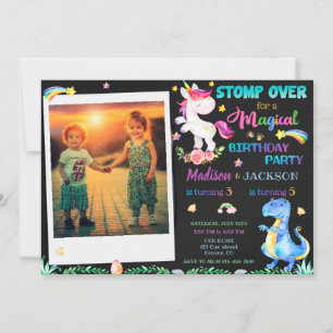 Unicorn och Dinosaur-födelsedagsinbjudan syskon Inbjudningar