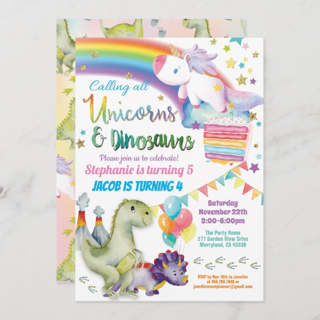 Unicorn och dinosaurer, födelsedagspenna och flick inbjudningar (Fram/baksida)