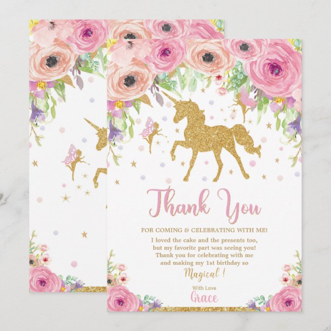 Unicorn och Fairy Birthday Tackkort Card Inbjudningar (Fram/baksida)