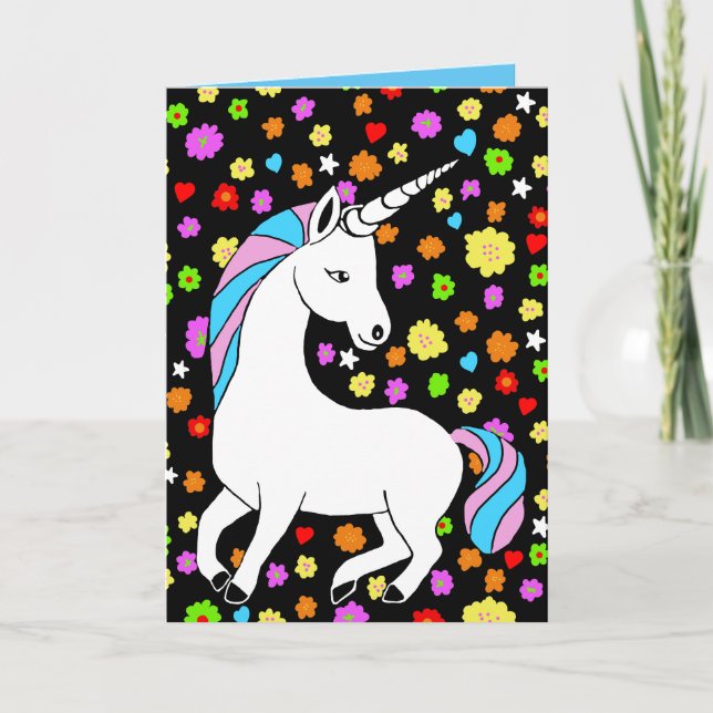 Unicorn och Flowers. Födelsedagskort Kort (Framsida)