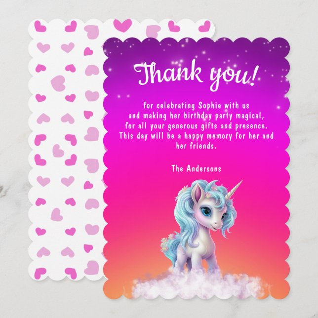Unicorn och hearts Rosa Tack Kort (Fram/baksida)