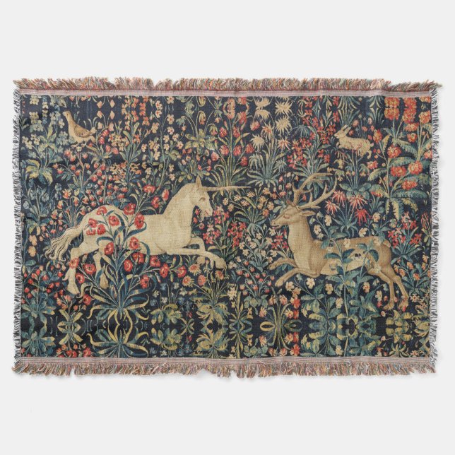 UNICORN OCH HJORT, BLOMMOR, SKOGSDJUR Blommigt Filt (Framsidan)